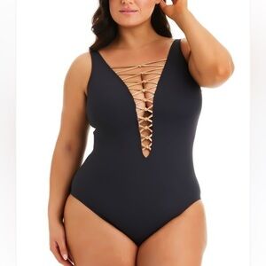 Bleu Rod Beattie Kore One Piece  High Neck Lace Down Swimsuit Size 22W NEW